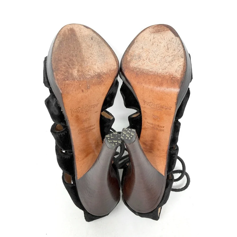 YSL Tom Ford Fall 2002‎ Runway Black Velvet Strappy Heels Sandals 38.5